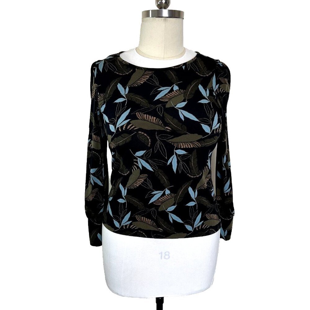 Tahari - Women's M Blouse Black, Olive, Lt Blue Leaf Feather Print Stretch Long